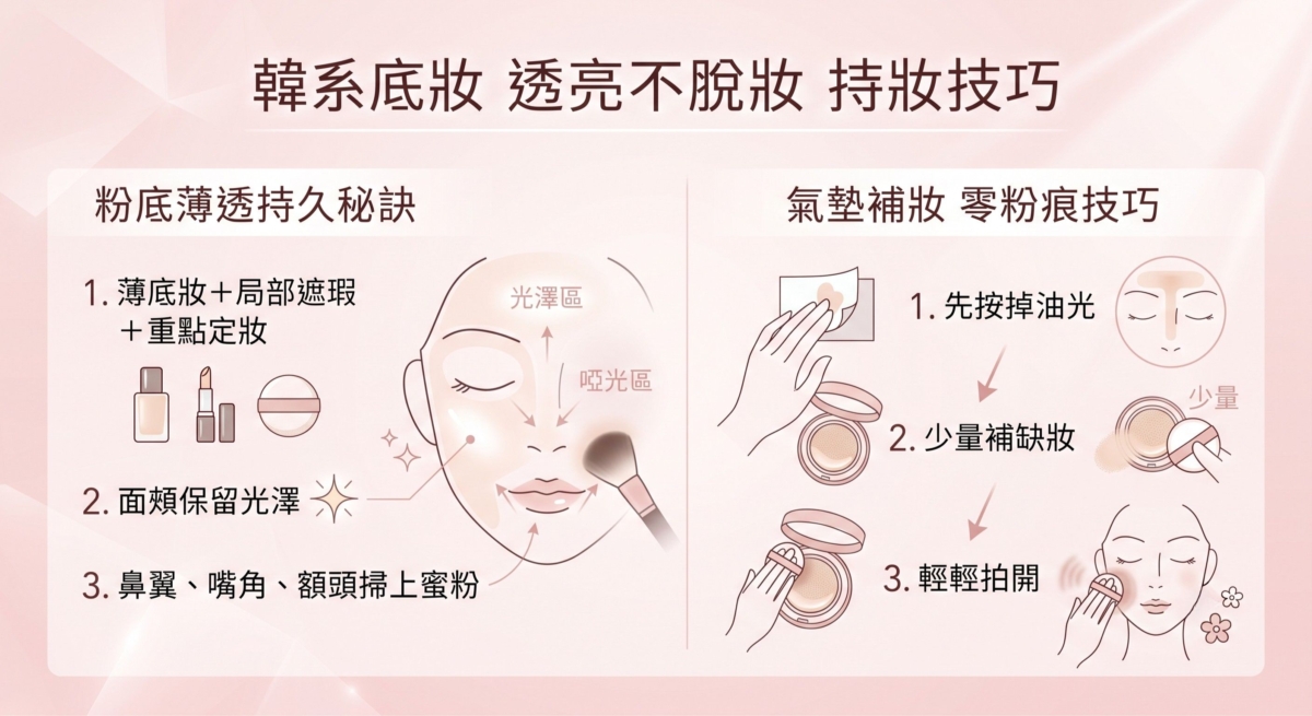 面頰保留自然光澤，同時針對T字位及容易出油的位置加強定妝，就能減少脫妝及浮粉問題。