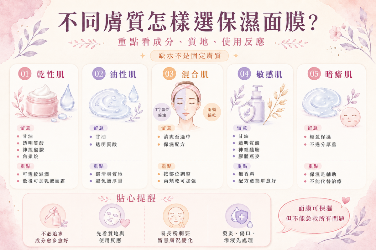 不同膚質保濕面膜挑選指南：乾肌、油肌、混合肌、敏感肌與暗瘡肌的建議保濕成分與使用重點對照圖。