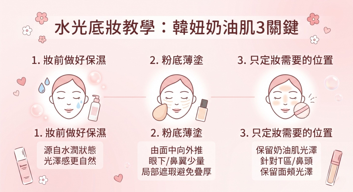 想畫出韓妞自然透亮的奶油肌，關鍵不是一味追求高光，而是從妝前保濕、粉底用量到局部定妝逐步調整。