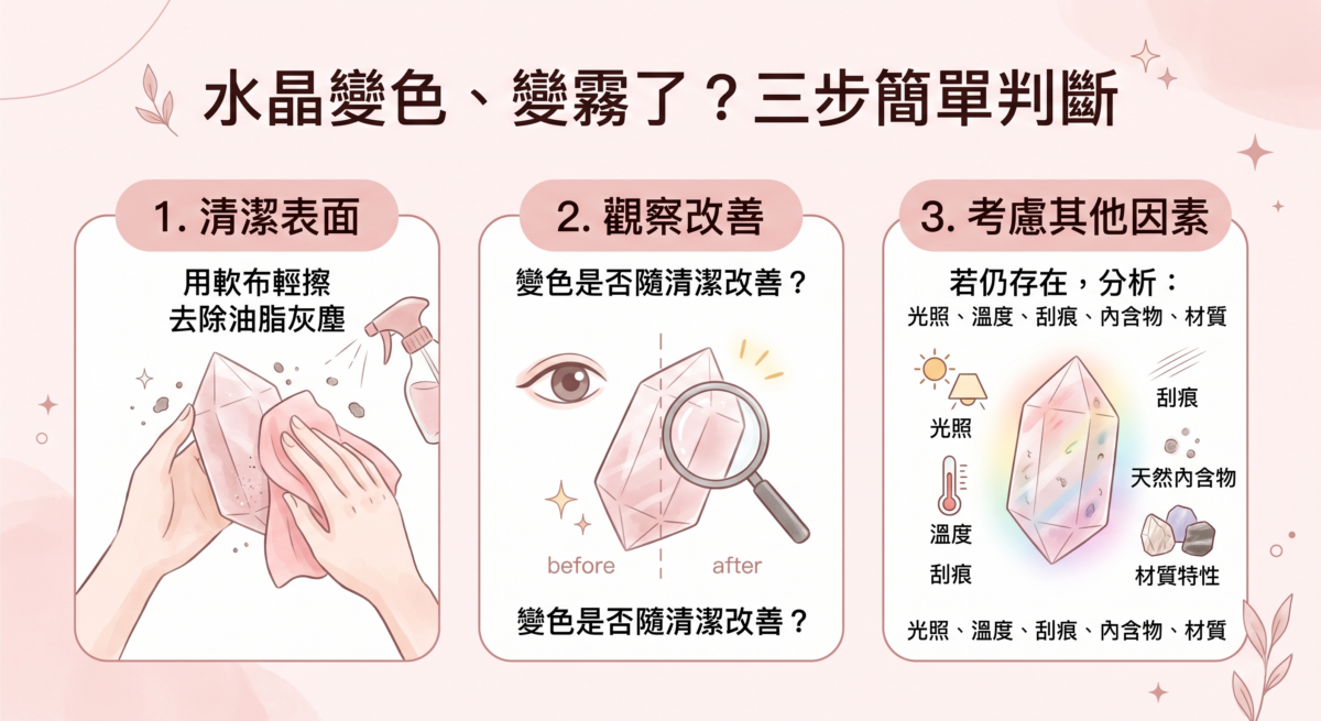 當你發現水晶變色、水晶變霧、水晶失去光澤或水晶表面有白點時，不需要馬上擔心，可以先做最簡單的三步。
