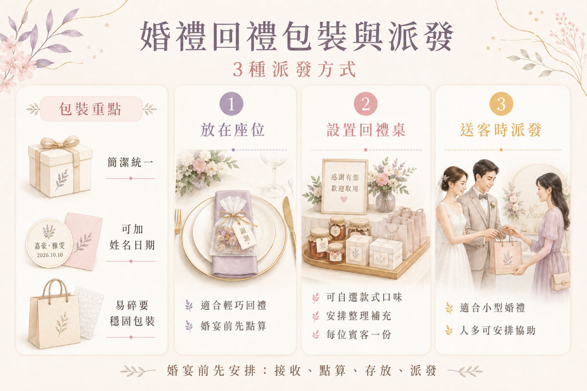 婚禮回禮3大派發方式與包裝指南圖解:比較放在座位、設置回禮桌與送客派發的適用禮物、流程關鍵及包裝防護重點。