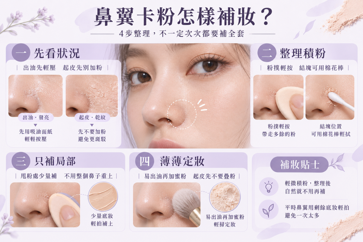 鼻翼卡粉的4個補妝步驟圖解，包括分辨出油或乾燥、輕按整理積粉、局部補粉底及按需要薄薄定妝。