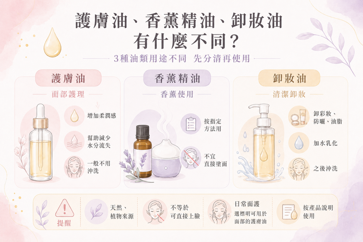 護膚油、香薰精油與卸妝油差異對照圖:圖解三款油類產品的主要用途、使用重點與安全注意事項對照。