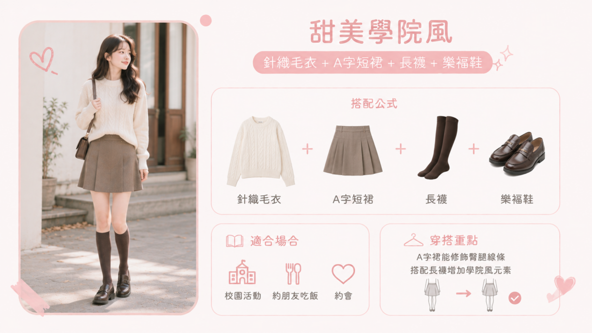 毛衣搭配短裙是冬天穿搭女學生非常受歡迎的組合，簡單又充滿青春感。