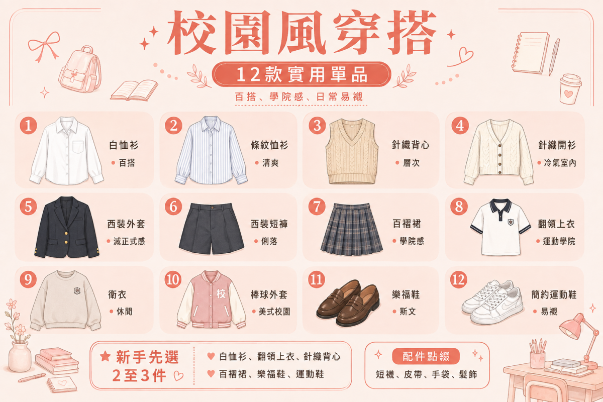 校園風穿搭12款實用單品速查圖:圖解白恤衫、針織背心、百褶裙、樂福鞋等學院風單品與配搭重點指南。