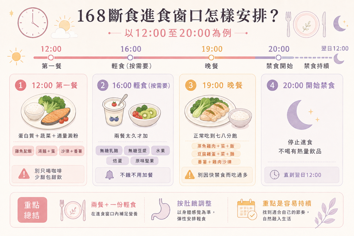 168斷食12:00至20:00進食窗口餐點安排圖解:包含12:00第一餐、16:00彈性點心、19:00晚餐與20:00禁食時段的搭配建議與避雷提示。