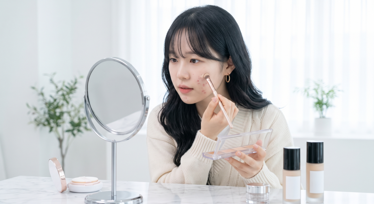 痘痘肌遮瑕的順序可以按照妝容需求調整，但日常底妝一般可以採取「先薄底妝、再局部遮瑕」的方式。