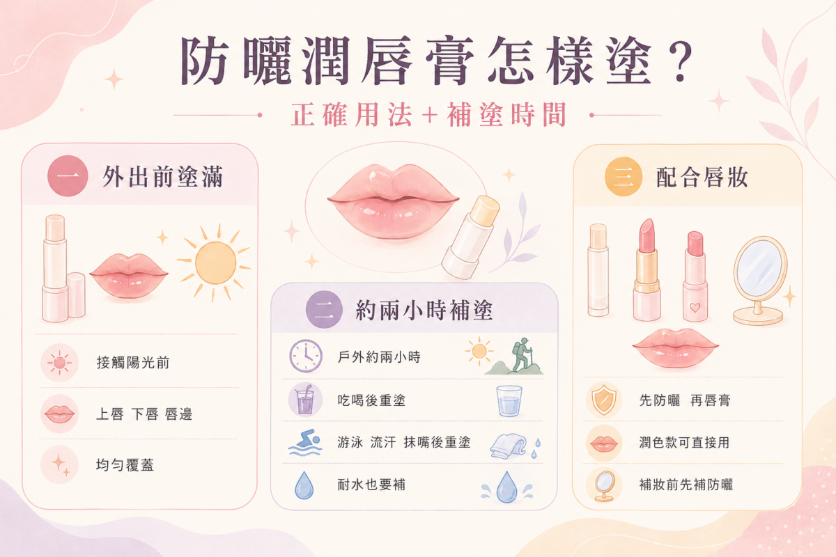 防曬潤唇膏正確用法與補塗時機圖解:包含塗抹範圍全覆蓋、戶外每兩小時及特殊情境補塗時機,與搭配唇妝的順序指南。