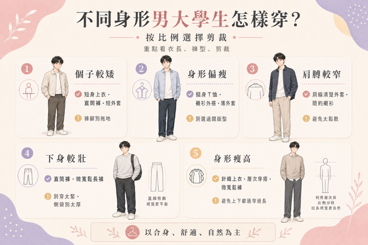 不同身形男大學生穿搭指南圖解:包含個子較矮、身形偏瘦、肩膊較窄、下身較壯與身形瘦高的剪裁選款方向與避雷留意事項。