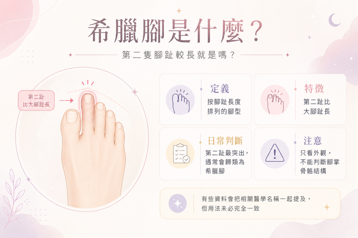 希臘腳腳型特徵與莫頓趾(Morton's Toe)區別對比圖:圖解說明第二隻腳趾最長的外觀特徵,以及外觀與腳掌骨骼結構的差異。