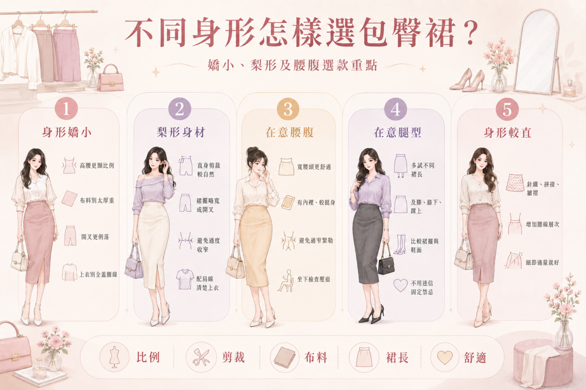 不同身形包臀裙挑選指南:包含嬌小身形、梨形身材、腰腹修飾、腿型比例與直線身形的包臀裙剪裁與選款重點對照圖。