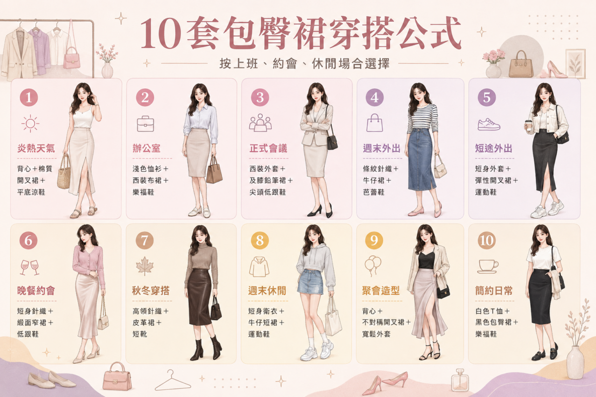 10套包臀裙場合穿搭公式速查圖:涵蓋工作上班、約會聚會、休閒週末與秋冬季節的10種包臀裙單品搭配提案。