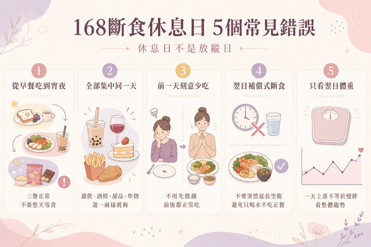 168斷食休息日5大常見錯誤圖解：包含避免全天不停進食、高熱量食物疊加、前天捱餓、事後極端補償與體重焦慮的正確應對原則。