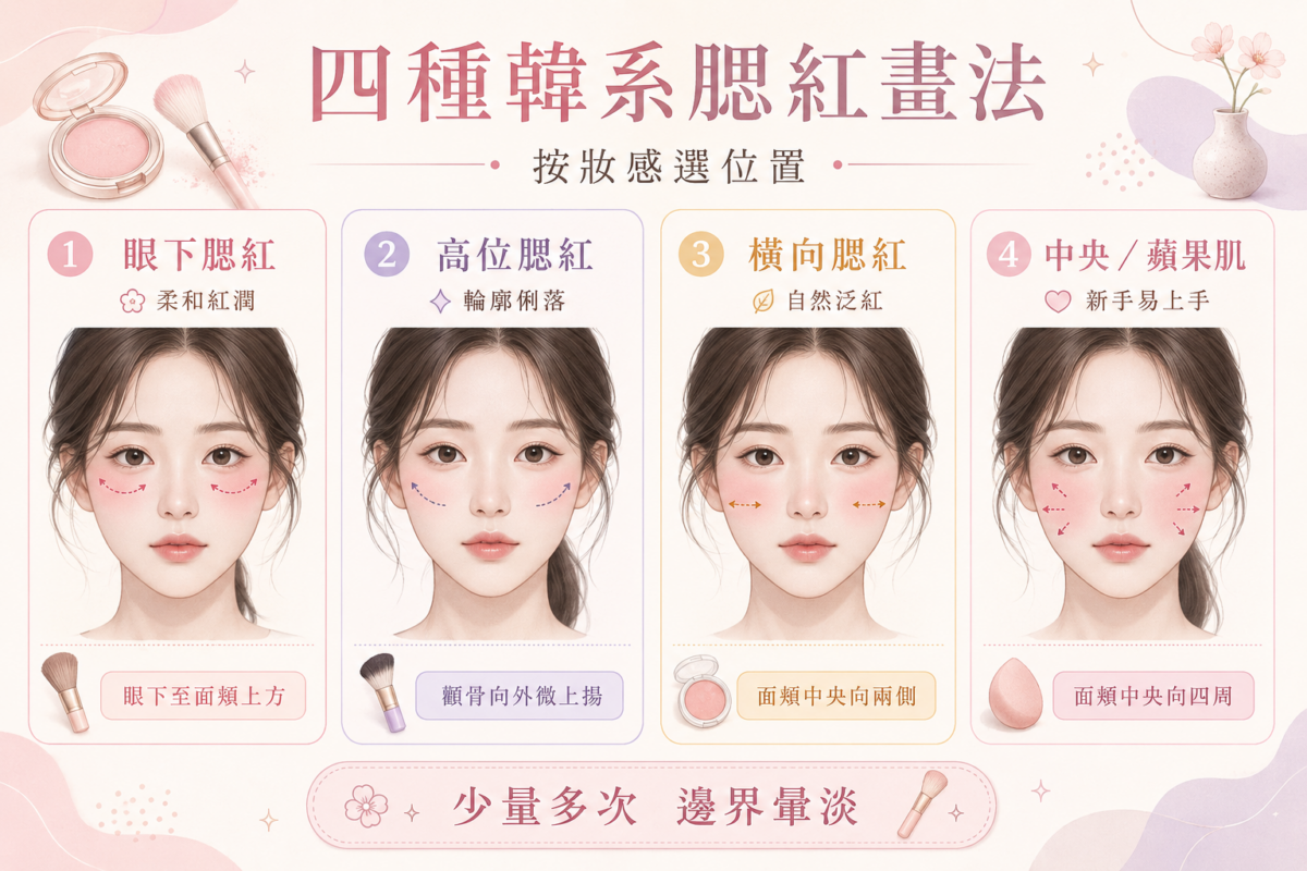 4種韓系腮紅畫法對照圖:標示眼下腮紅、高位腮紅、橫向腮紅與中央蘋果肌腮紅的臉部塗抹位置、箭頭刷塗方向與主要妝感差異。
