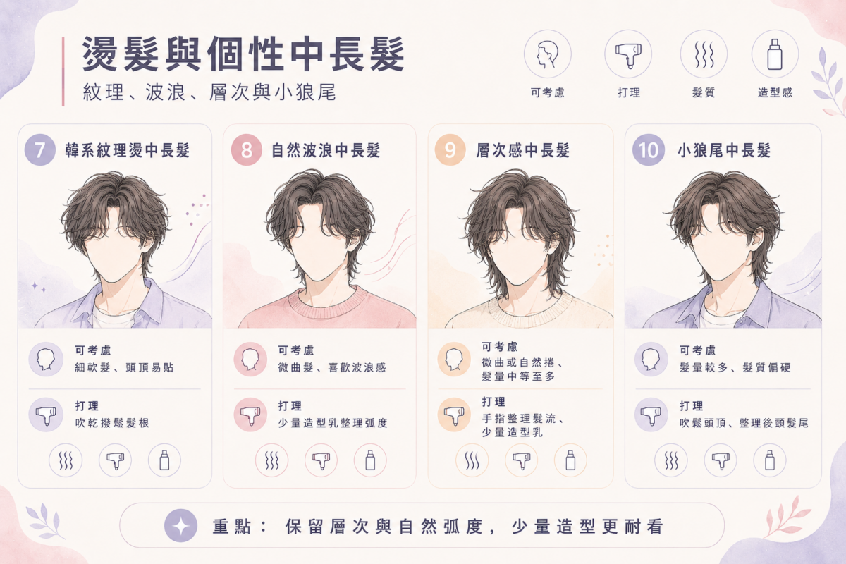 男生燙髮與個性中長髮4大風格選搭指南圖解:對照韓系紋理燙、自然波浪、Shag層次與小狼尾的髮型特點、適合髮質與打理技巧。