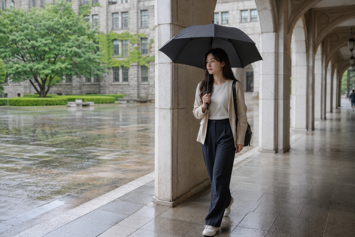不同天氣下的Smart Casual女學生穿搭可選輕薄透氣衣物，並以薄外套配合炎熱、冷氣及下雨環境。