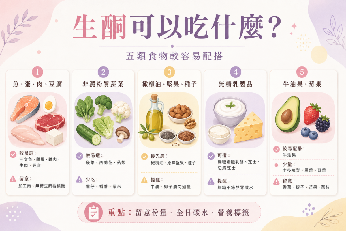 生酮飲食5大推薦食物類別資訊圖,列出魚肉蛋豆腐、非澱粉質蔬菜、橄欖油與堅果、無糖乳製品以及牛油果與小份量莓果,並標示各類別的挑選重點與避雷建議。