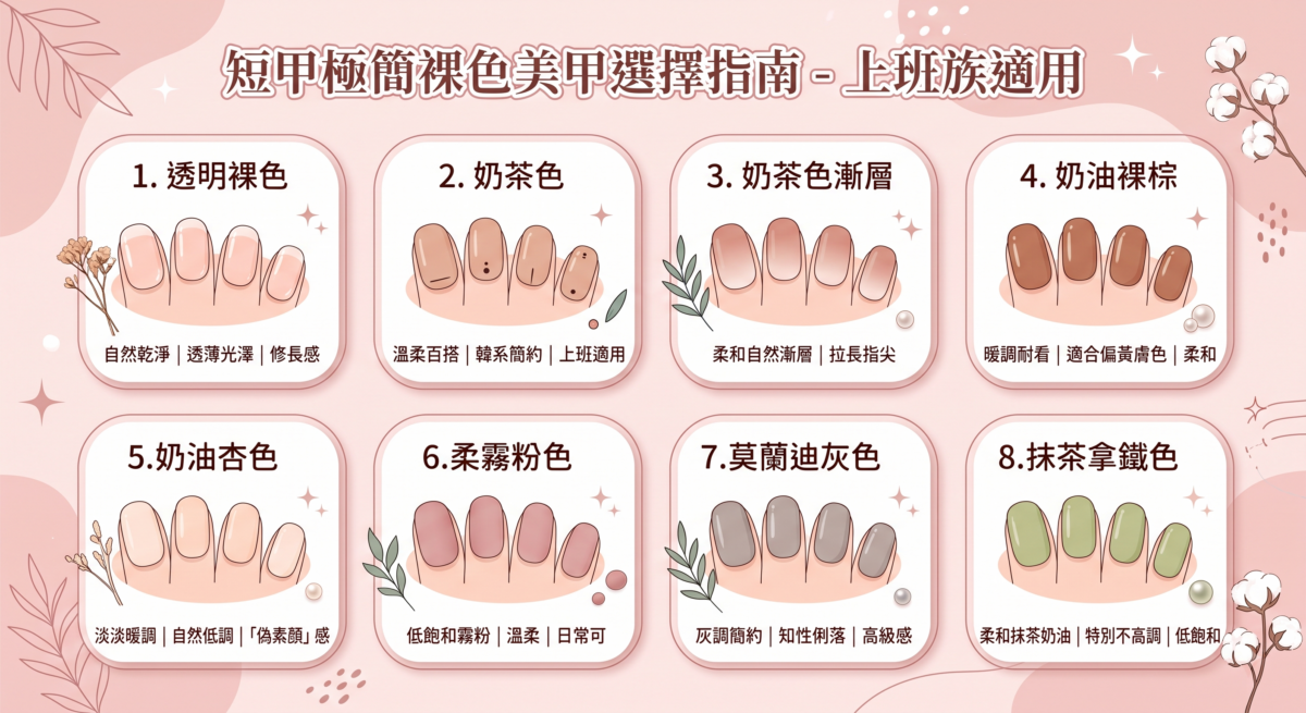 如果平時返工不方便做太花巧的美甲，裸色、奶茶色和柔霧色會是最安全的選擇。