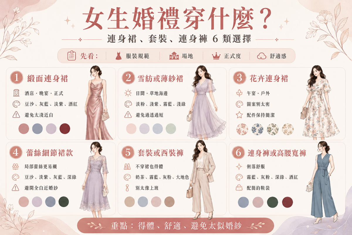 女生婚禮穿搭6大風格選擇指南圖解:分類整理緞面、雪紡、花卉、蕾絲連身裙以及套裝、連身褲的適合場合、推薦顏色與選款避雷重點。