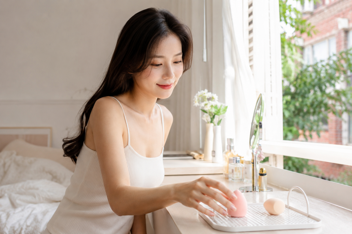 美妝蛋是一種用來上底妝的海綿工具,常見為蛋形或水滴形,可用來拍開粉底液、遮瑕或其他底妝產品,幫助妝感更均勻、服貼。