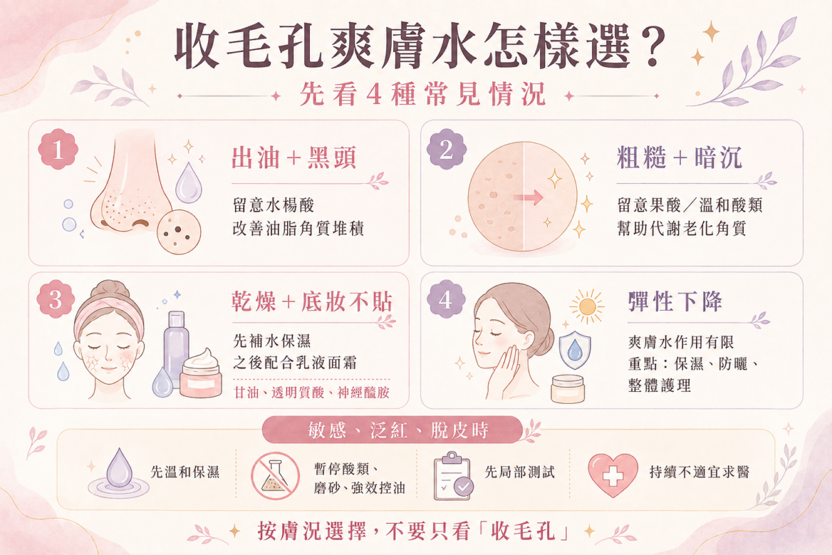 收毛孔爽膚水挑選指南:整理出油黑頭、粗糙暗沉、乾燥缺水及彈性下降4種膚況對應的成分與護理方向對照圖。