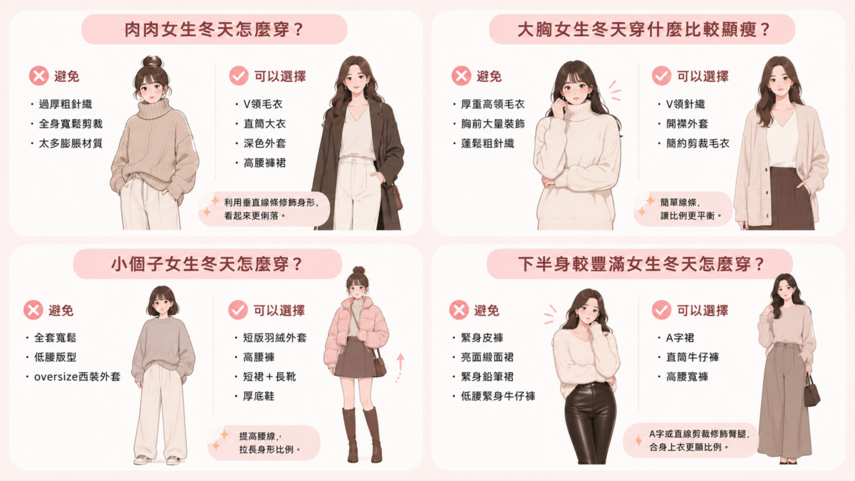 只要掌握版型與比例，即使穿厚外套，也能維持修長感。