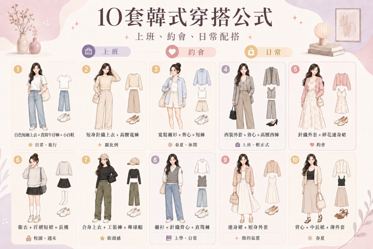 10套韓式穿搭公式速查圖：將穿搭指南按日常休閒、上班輕正式與約會柔和三大場合分類的視覺化清單。