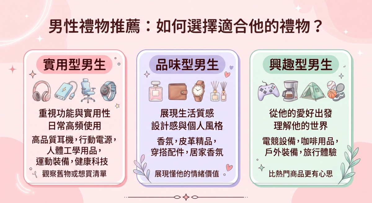 挑選男生禮物沒有標準答案，不同個性、興趣與生活習慣，適合的禮物也會有所不同。