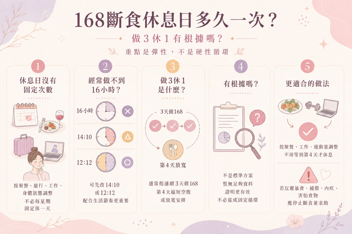 168斷食休息日與彈性調整指南圖解：包含休息日彈性安排原則、做3休1迷思說明、12:12與14:10替代方案及應停止斷食的心理警訊提醒。