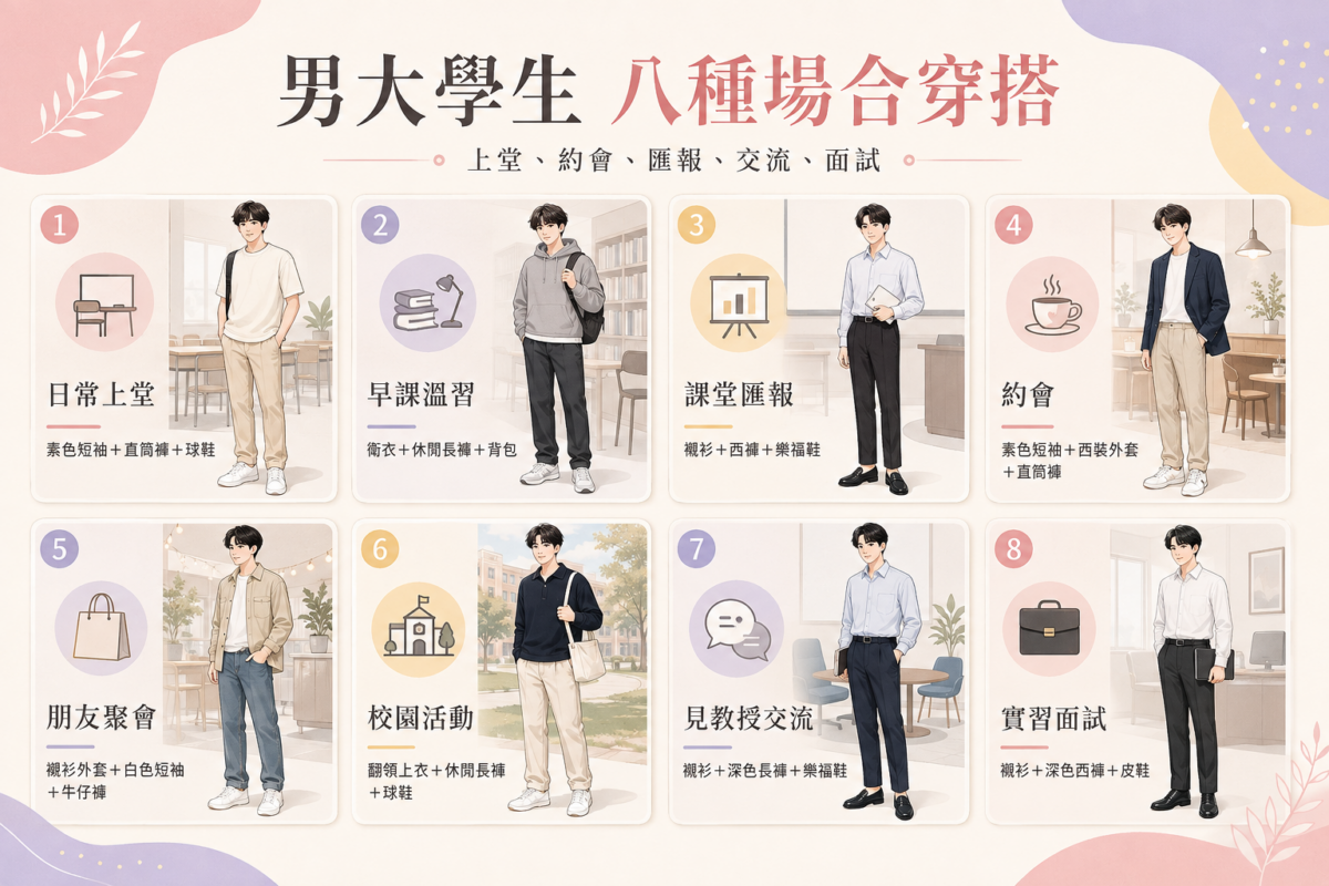 男大學生8套場合穿搭公式速查圖:涵蓋日常上堂、早課圖書館、課堂匯報、約會聚會、校園活動、見教授與實習面試的單品組合建議。
