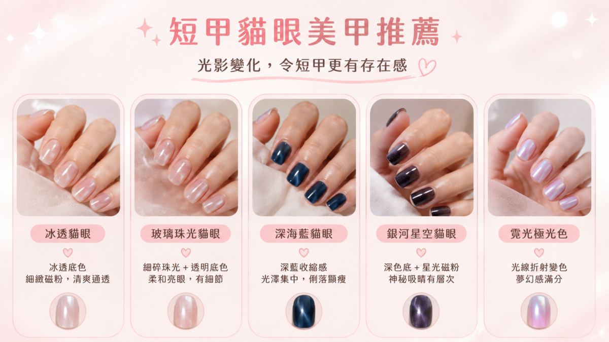 貓眼美甲會隨着手部移動而改變，所以即使甲面不大，也能靠光澤增加立體感。