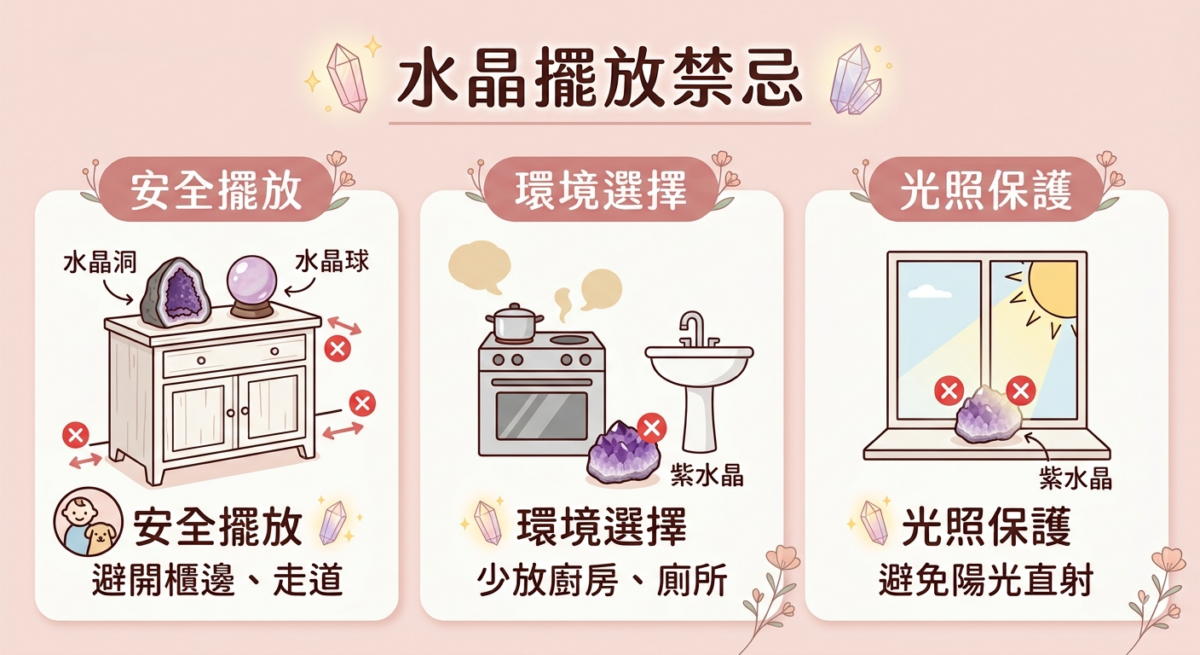 「水晶擺放禁忌」圖解，彙整三大重點：安全擺放應避開櫃邊與走道、環境選擇少放廚房與廁所、光照保護則需避免陽光直射。