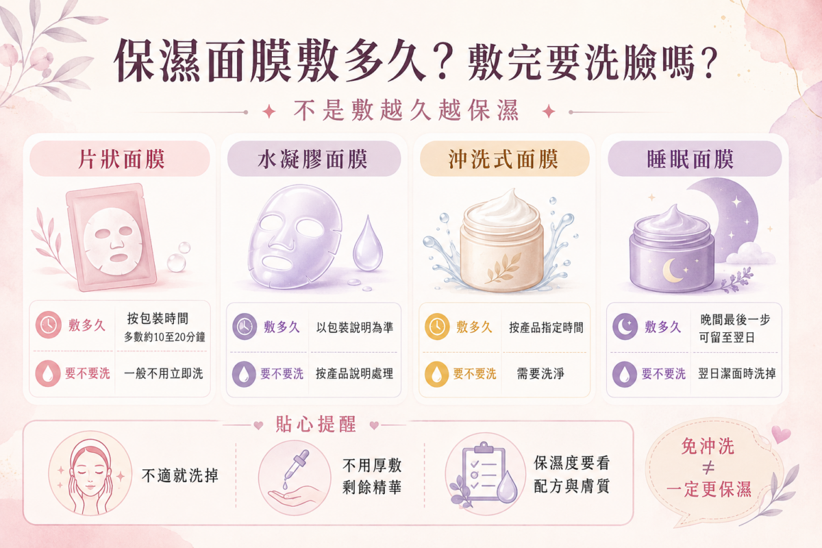 常見保濕面膜類型使用時間與清洗指南：片狀面膜、水凝膠面膜、沖洗式面膜與睡眠面膜的建議敷用時間及清洗需求對照圖。