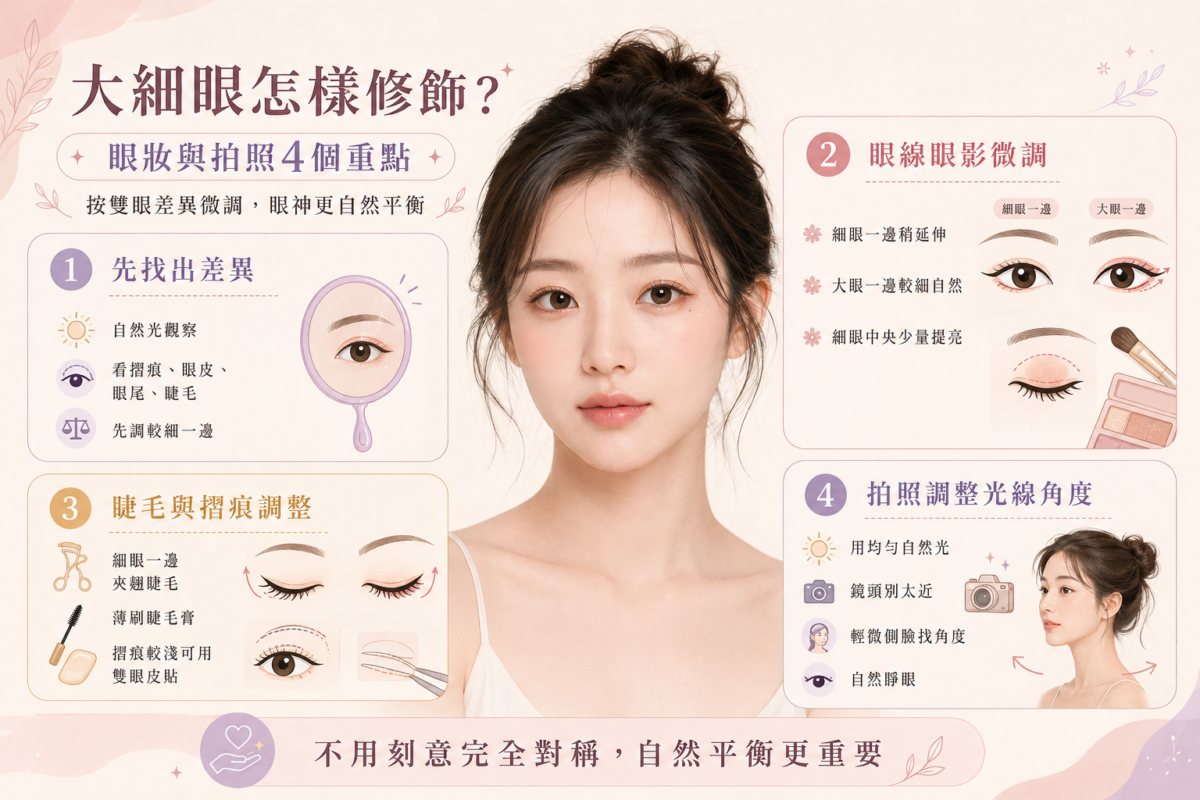 大細眼修飾與拍照4大重點圖解：包含觀察眼型差異、眼線眼影微調、睫毛與雙眼皮貼調整、拍照光線角度技巧。