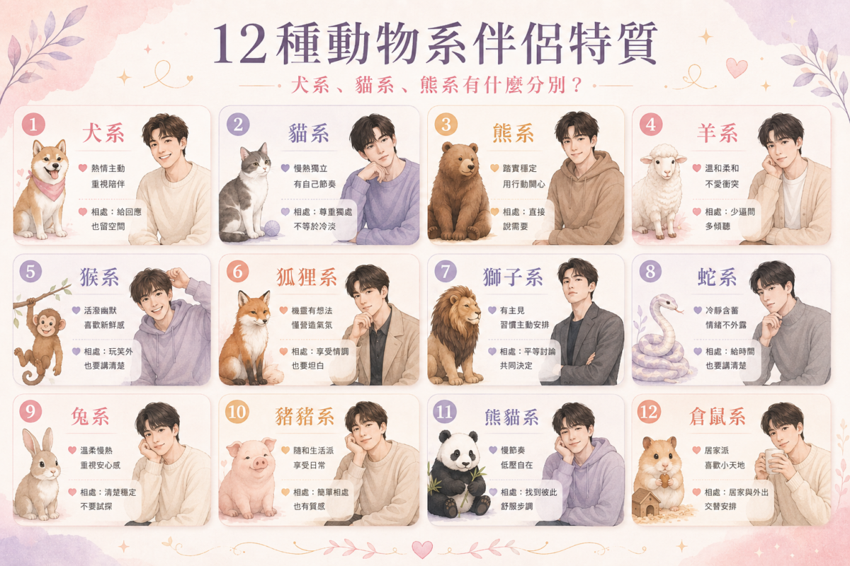12種動物系伴侶特質總覽圖:圖解犬系、貓系、熊系、羊系、猴系、狐狸系、獅子系、蛇系、兔系、豬豬系、熊貓系與倉鼠系的特徵與相處重點對照。