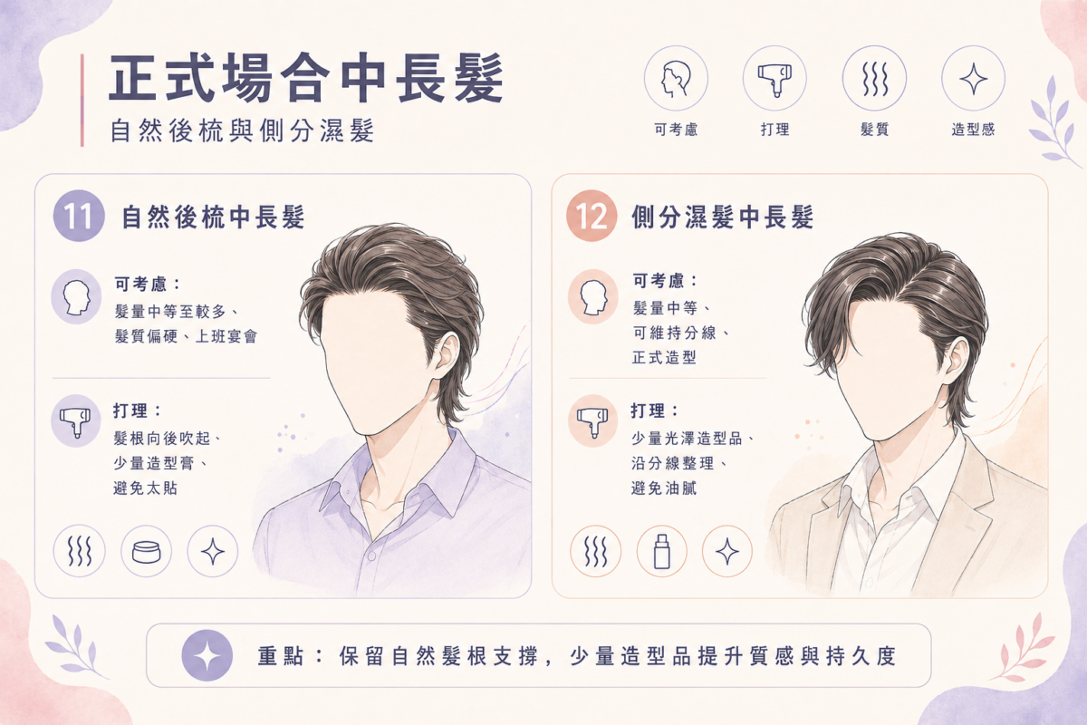 男生正式場合中長髮2大造型指南圖解:對照自然後梳與側分濕髮的造型特徵、適合場合對象與打理技巧。