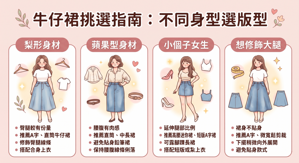 與其單純追求流行款式，不如先從自己的身形及想修飾的位置出發，再選擇合適的腰線、裙長及剪裁。