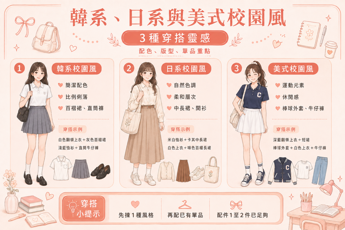 韓系、日系與美式校園風穿搭對照圖:比較三種校園風格的常見配色、版型剪裁、代表單品與示範穿搭組合。