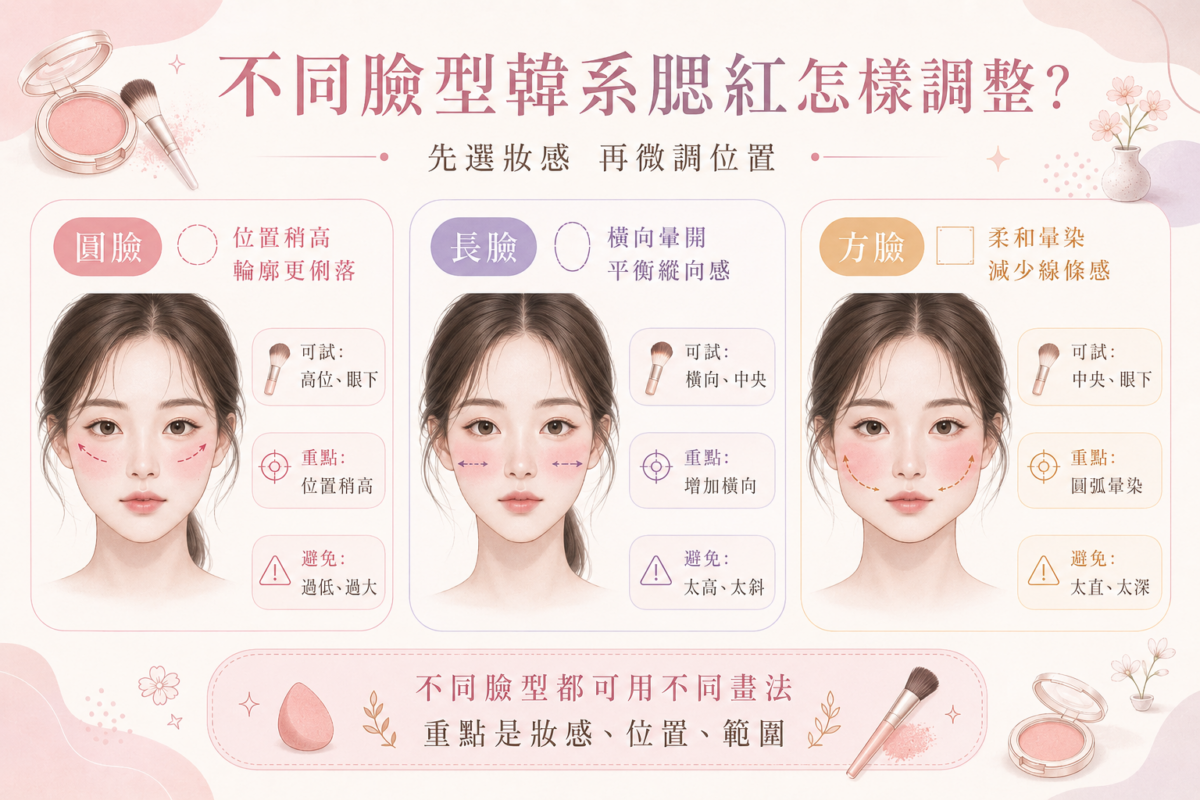不同臉型韓系腮紅畫法對照圖:標示圓臉、長臉與方臉適合的韓系腮紅位置、暈染方向及避雷重點。