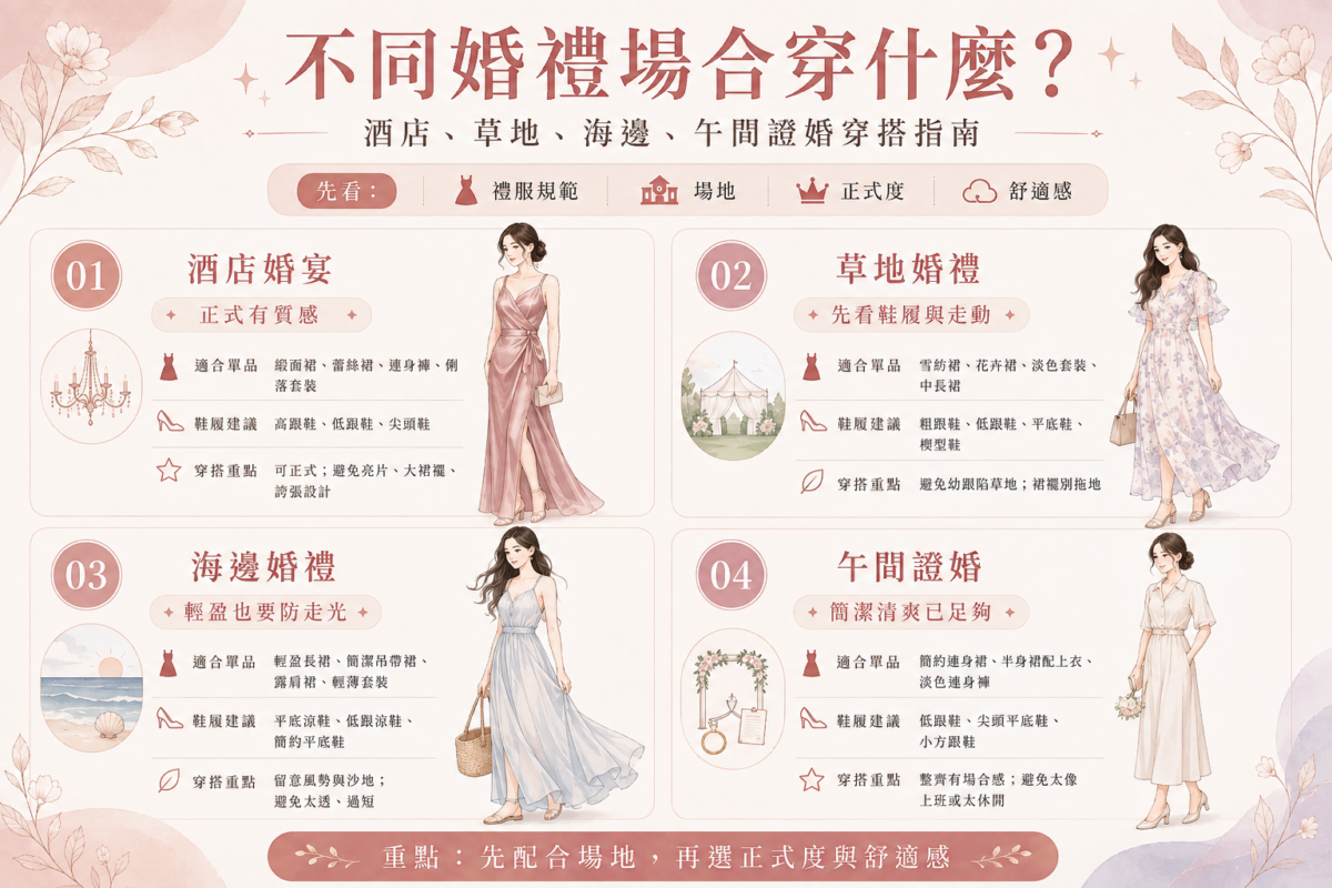 4大婚禮場合穿搭指南圖解:分類整理酒店婚宴、草地婚禮、海邊婚禮與午間證婚的推薦服飾單品、鞋款建議與穿搭避雷注意事項。
