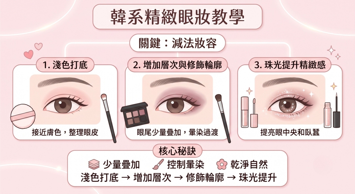 只要控制好暈染範圍，即使使用同一盤眼影，也能畫出乾淨自然的韓系妝感。