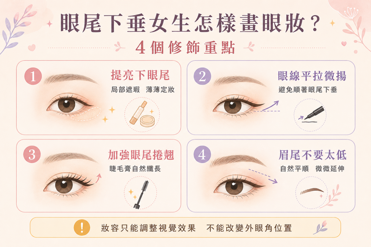 眼尾下垂眼妝修飾4大重點圖解:涵蓋下眼尾提亮、平拉微揚眼線、眼尾睫毛捲翹與眉尾高度調整技巧。