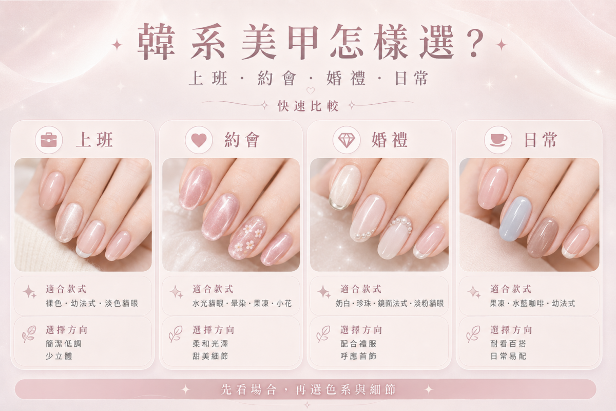 韓系美甲場合挑選指南圖:整理上班、約會、婚禮及日常四大場合的適合款式與選款方向對照表。