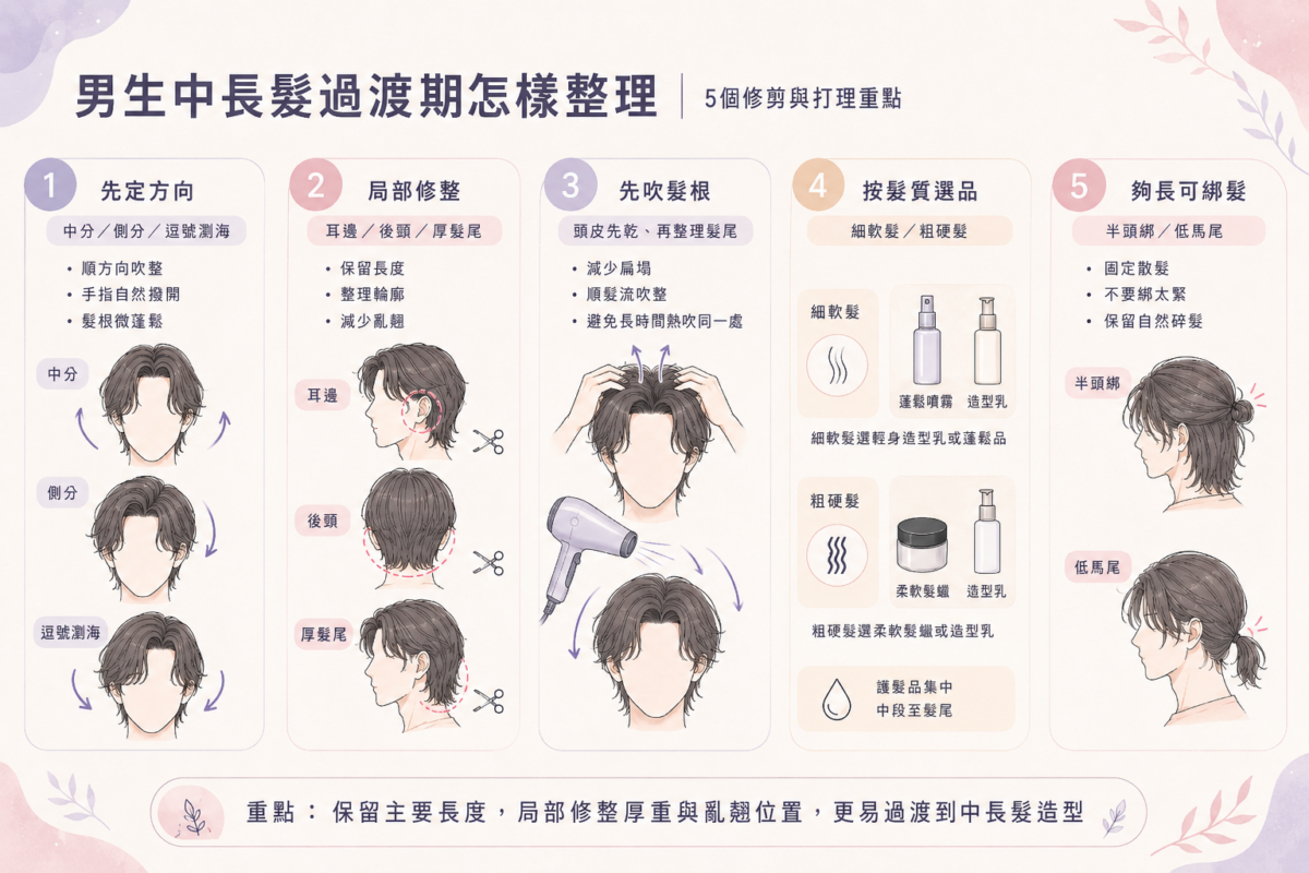 男生中長髮過渡期5大整理打理指南圖解:包含決定分線方向、局部修整輪廓、吹乾頭皮髮根、按髮質選產品與善用綁髮造型之對應技巧。