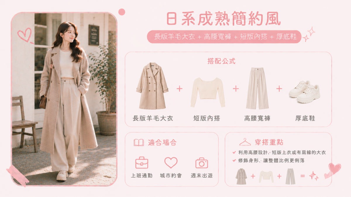 長版大衣搭配寬褲是日系女生冬季常見的簡約穿搭，利用寬鬆剪裁營造自然慵懶感，同時透過長版外套拉長身形線條，打造成熟知性的冬日造型。