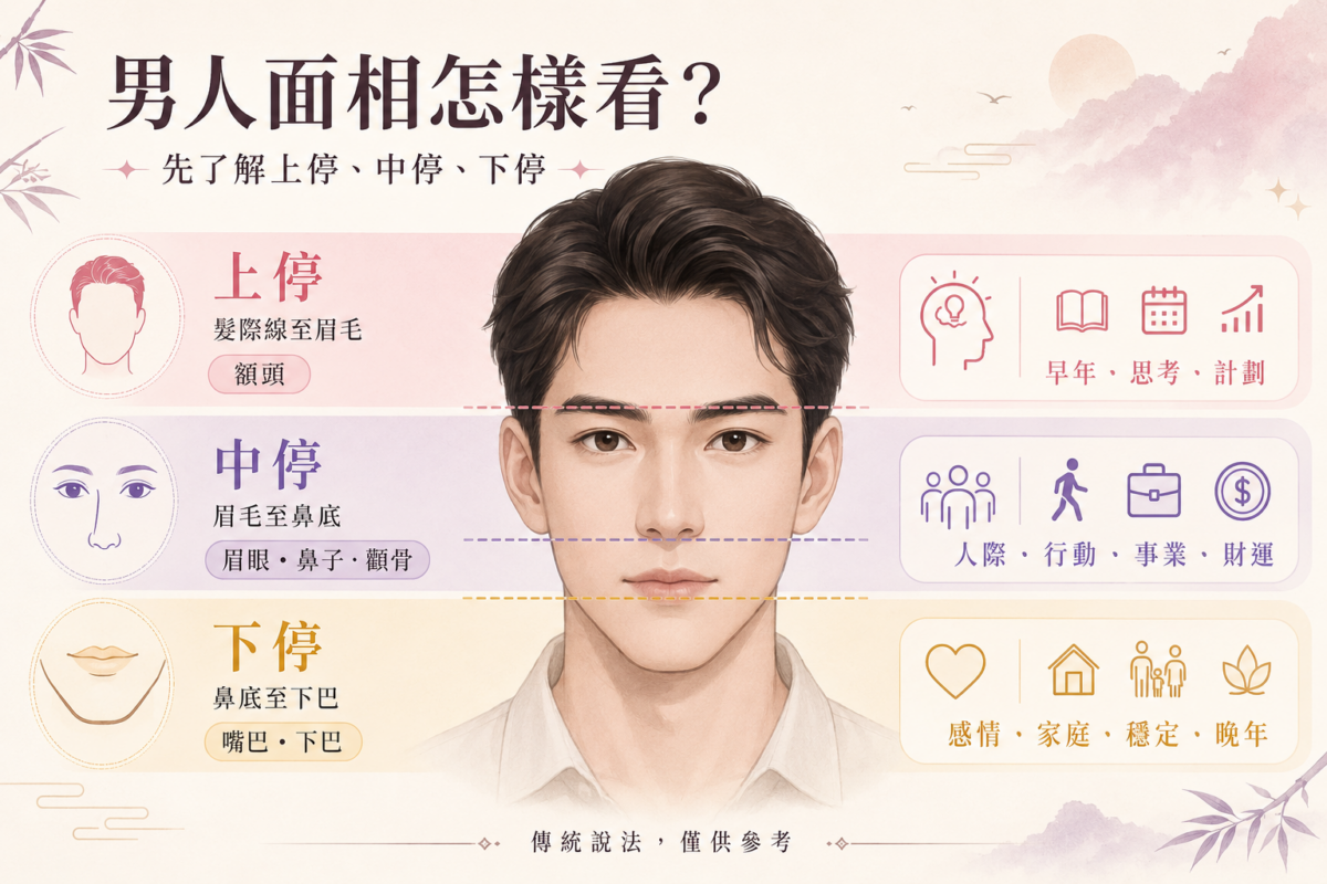 男人面相三停劃分圖:標示上停(髮際線至眉毛)、中停(眉毛至鼻底)、下停(鼻底至下巴)的位置界線與運勢象徵。