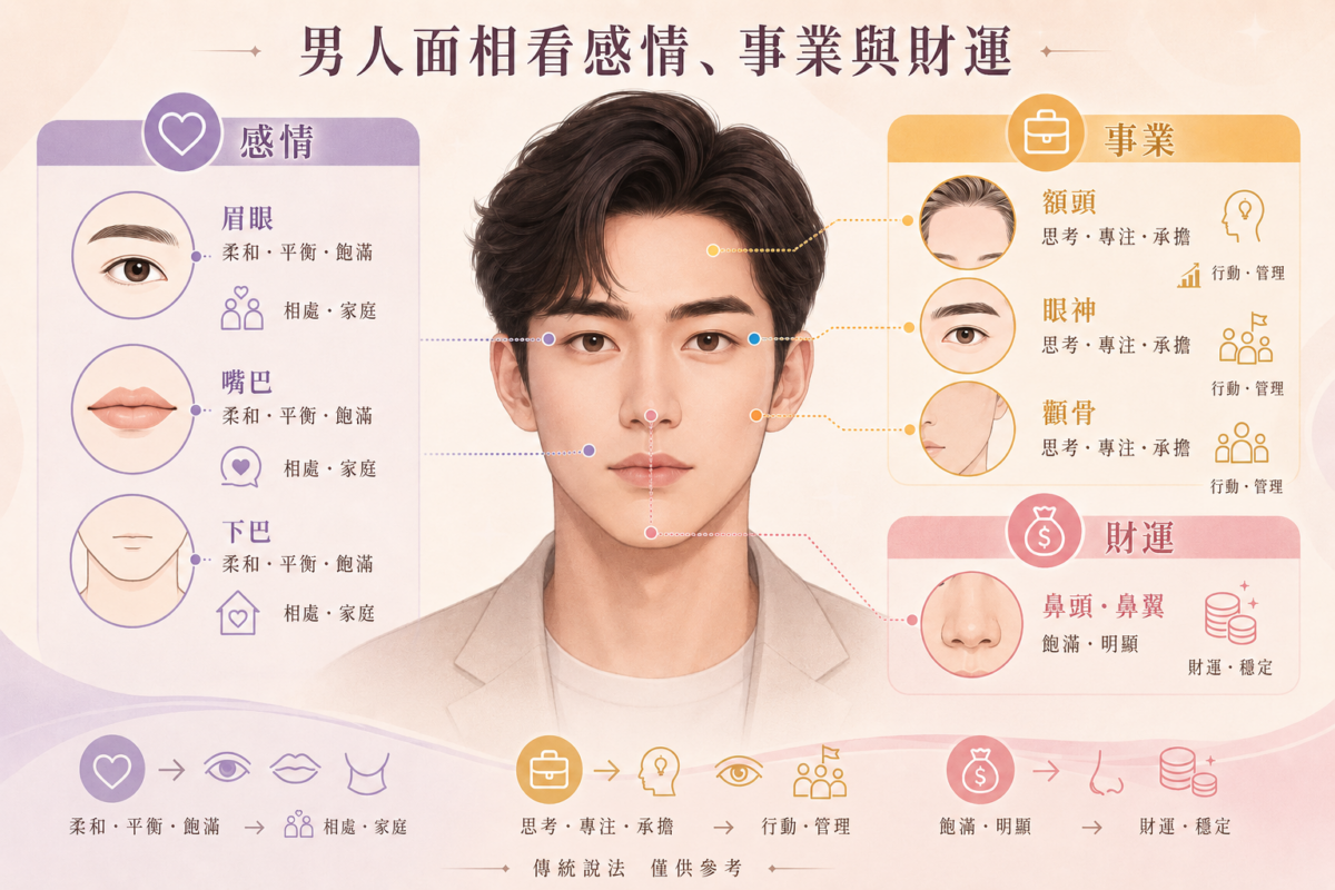 男人面相看感情、事業與財運對照圖:整理眉眼嘴巴下巴(感情)、額頭眼神顴骨(事業)及鼻子(財運)的傳統面相特徵與現實影響因素。
