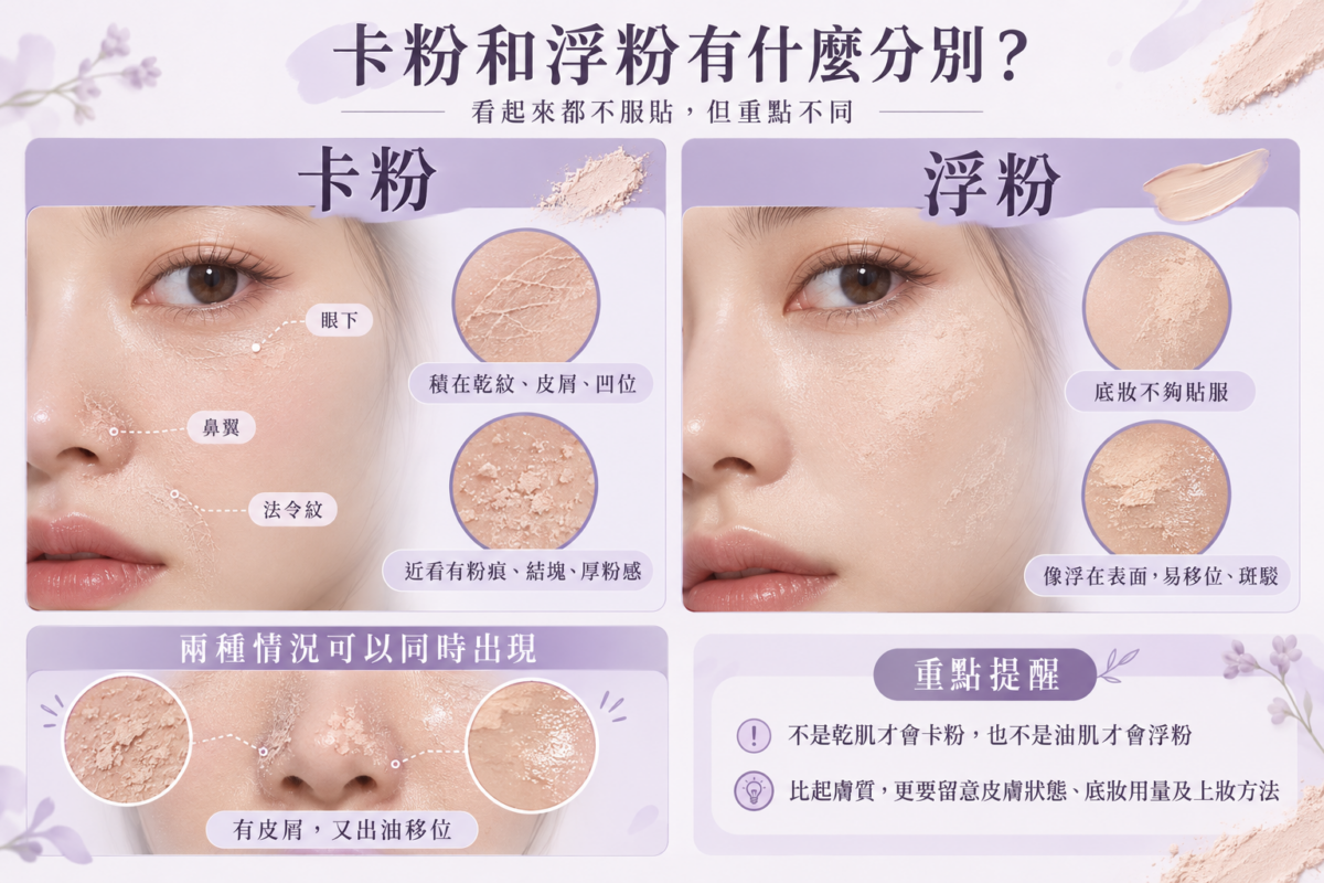 卡粉與浮粉分別圖解，對比卡粉積在眼下、鼻翼及法令紋的乾紋和皮屑位置，以及浮粉導致底妝不貼服、移位和斑駁的情況。