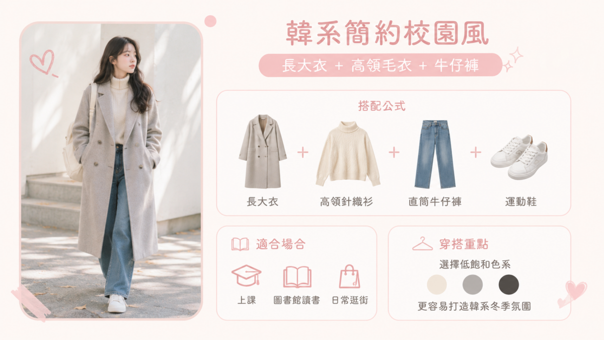 長大衣是韓系女生冬天穿搭中非常經典的單品，搭配高領毛衣與牛仔褲，可以打造乾淨俐落的學生感。