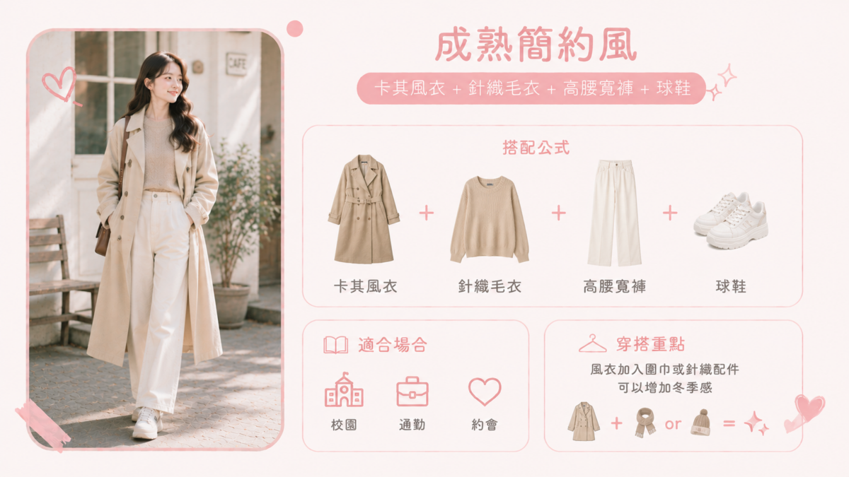 冬季初期或氣溫較溫和時，可以利用風衣打造輕盈造型。